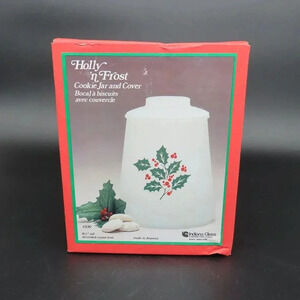 Vintage Holly ‘n Frost Cookie Jar and Cover Indiana Glass Company Christmas 8.5”